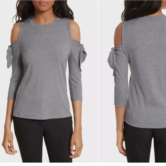 Rebecca Taylor Cold Shoulder 3/4 Sleeve Ribbed Jersey Top Knit Shirt Sweater M - Picture 1 of 14